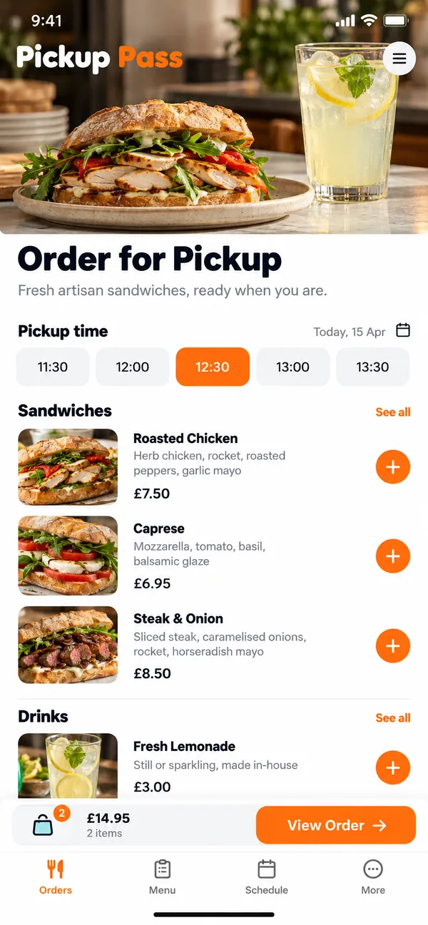 Pickup Pass food pickup ordering app: ordering for pickup with menu options and a time