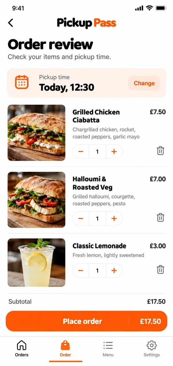 Pickup Pass food pickup ordering app: order review of chosen items and pickup time before confirming