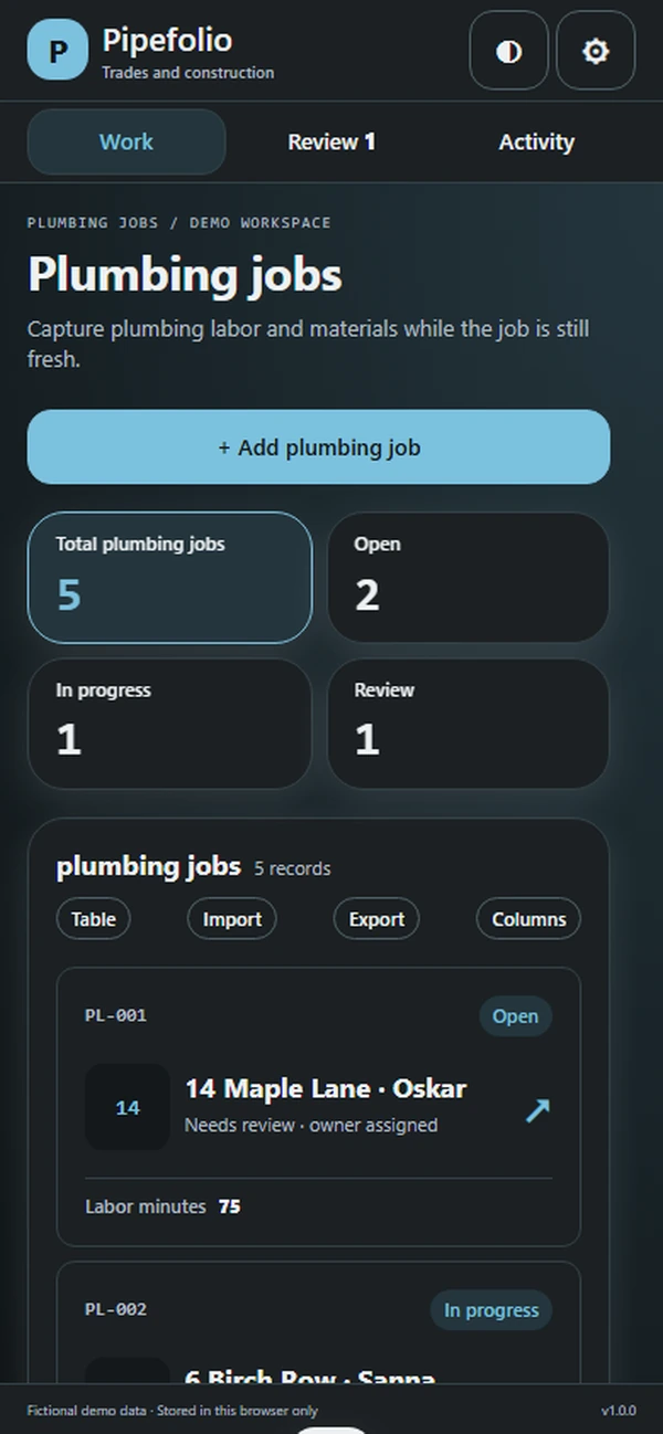 Pipefolio plumber time tracking app: a visit started from the original work order