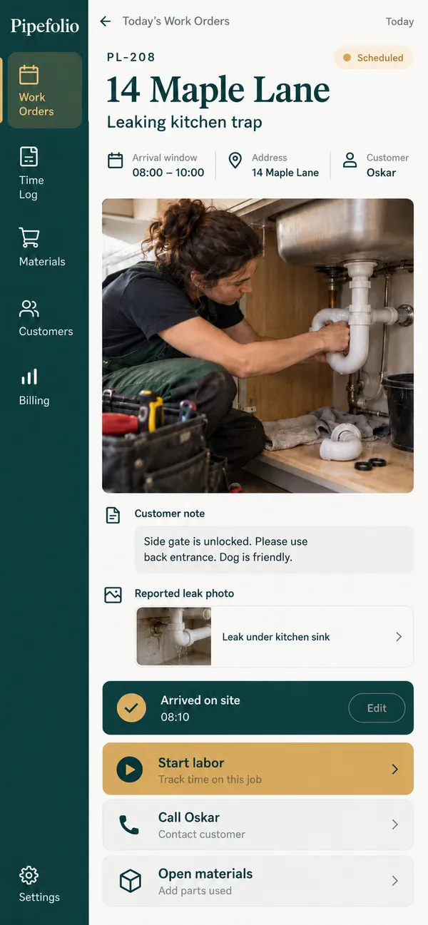 Pipefolio plumber time tracking app: a visit started from the original work order