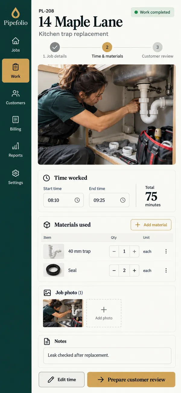 Pipefolio plumber time tracking app: labor, materials and customer approval captured at the property