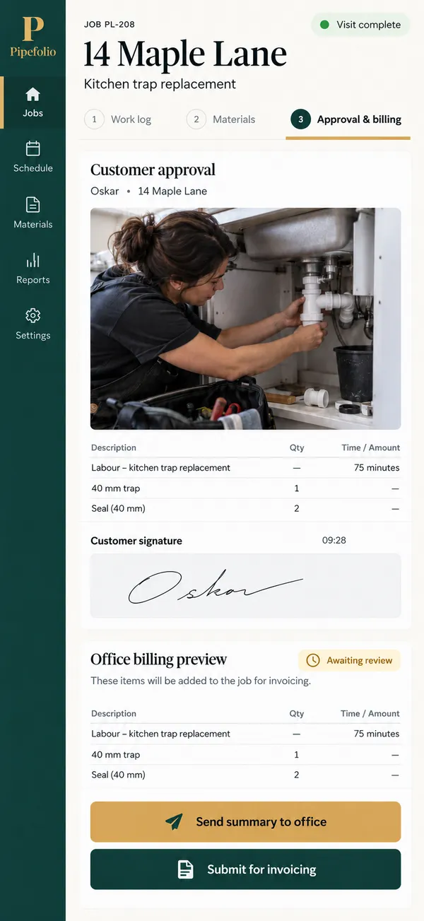 Pipefolio plumber time tracking app: an approved job moved on to office billing
