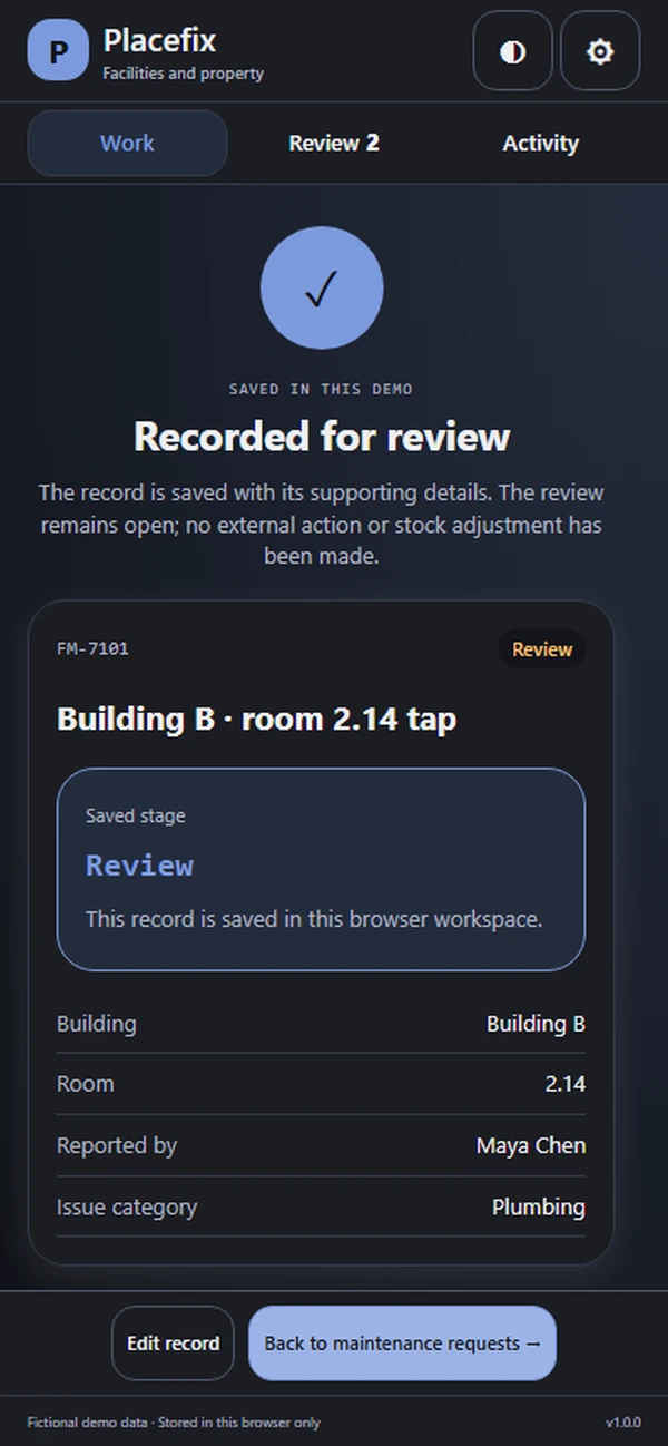 Placefix: saved result with recorded details