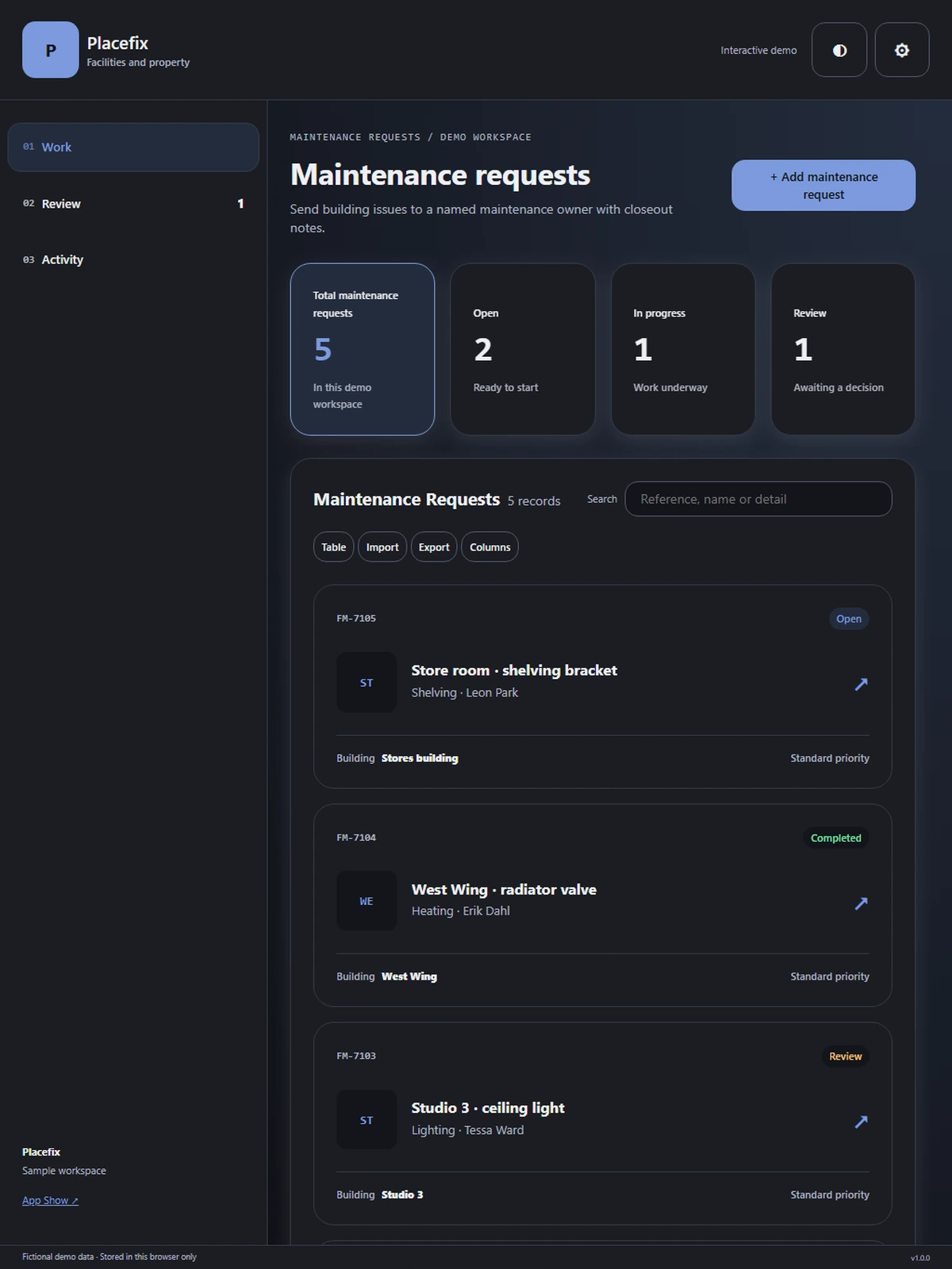 Placefix responsive tablet workspace with sample business records.