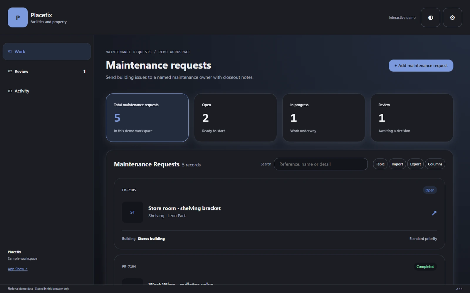 Placefix responsive pc workspace with sample business records.