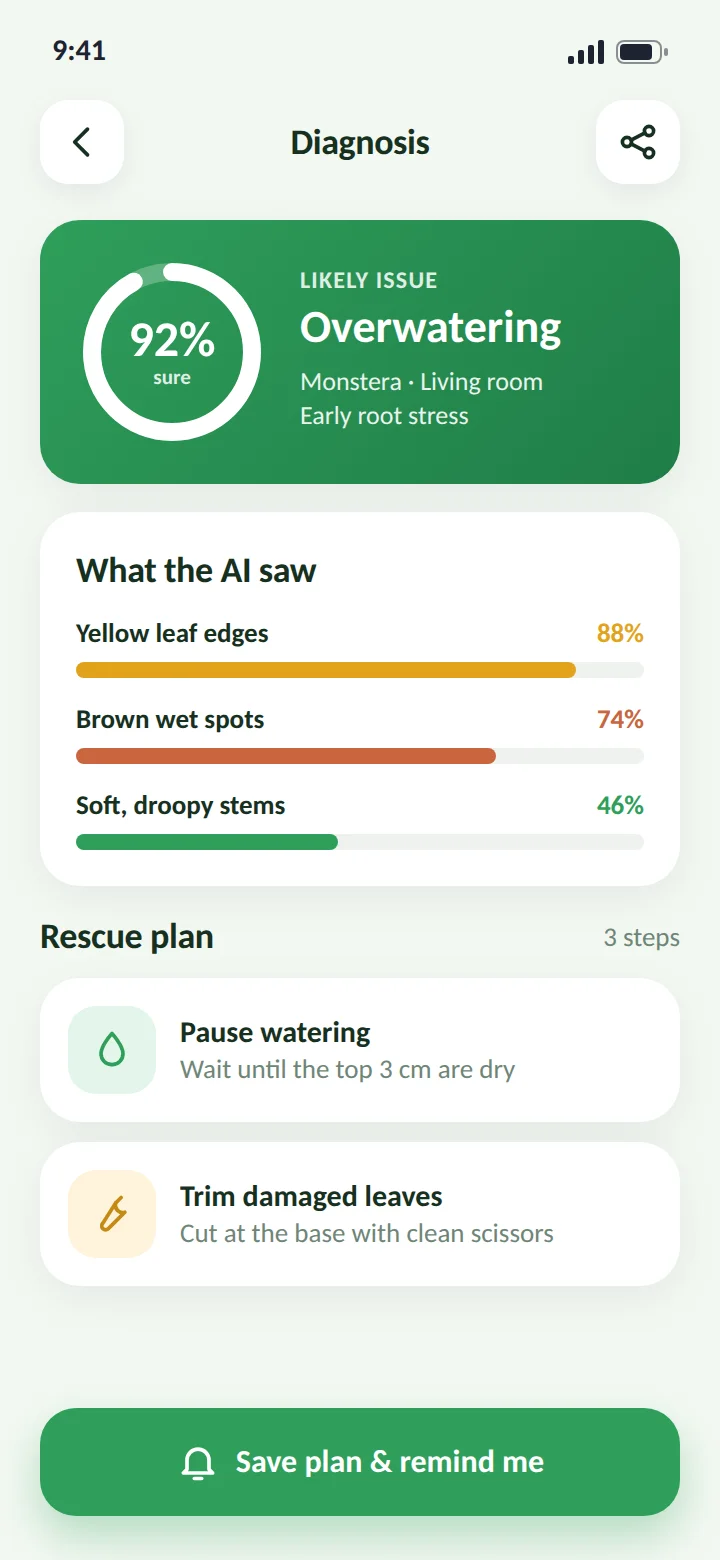 Plant Doctor plant disease app: AI diagnosis of the leaf problem with a rescue plan