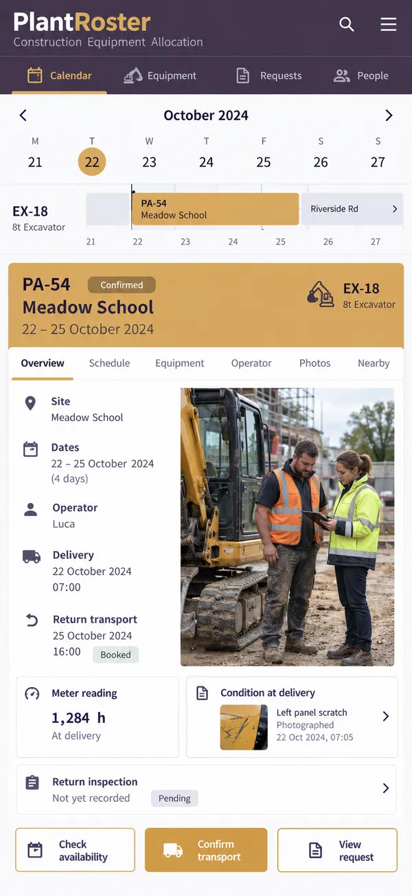 PlantRoster construction plant allocation app: asset, operator and transport planned together