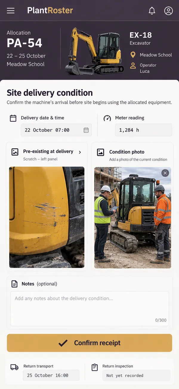 PlantRoster construction plant allocation app: condition reference recorded at delivery to site