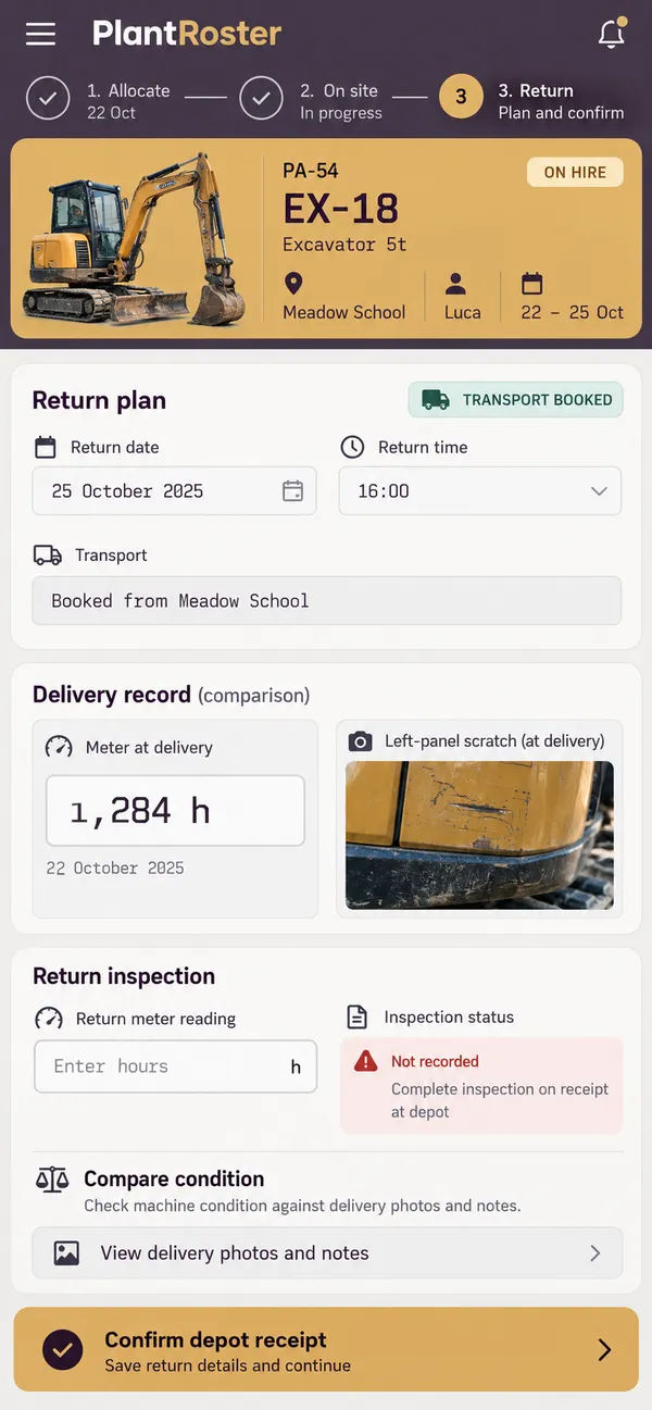 PlantRoster construction plant allocation app: return prepared from the delivery condition evidence