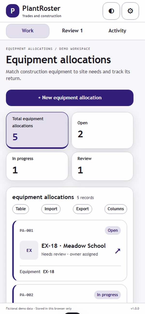 PlantRoster construction plant allocation app: asset, operator and transport planned together