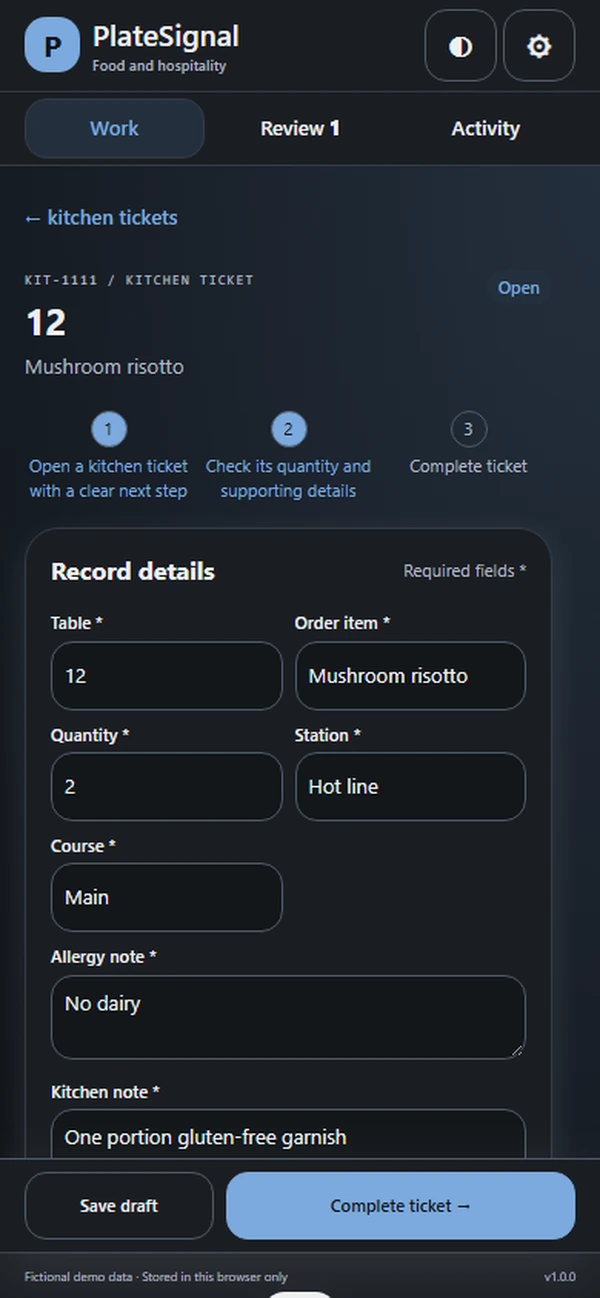 PlateSignal: editable business record and action