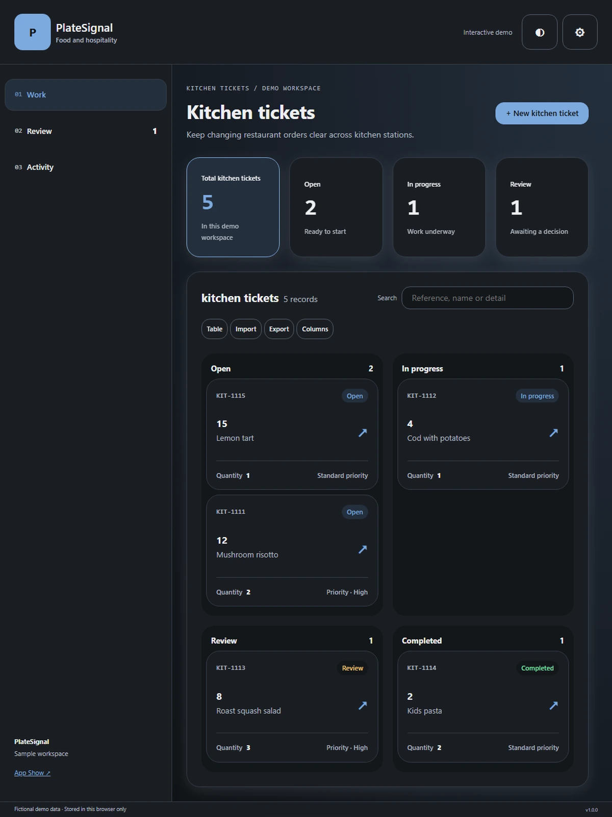 PlateSignal responsive tablet workspace with sample business records.