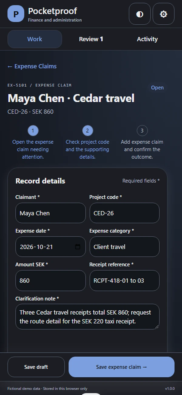 Pocketproof: editable business record and action