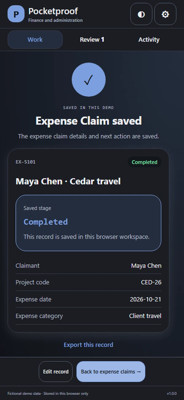 Pocketproof: saved result with recorded details