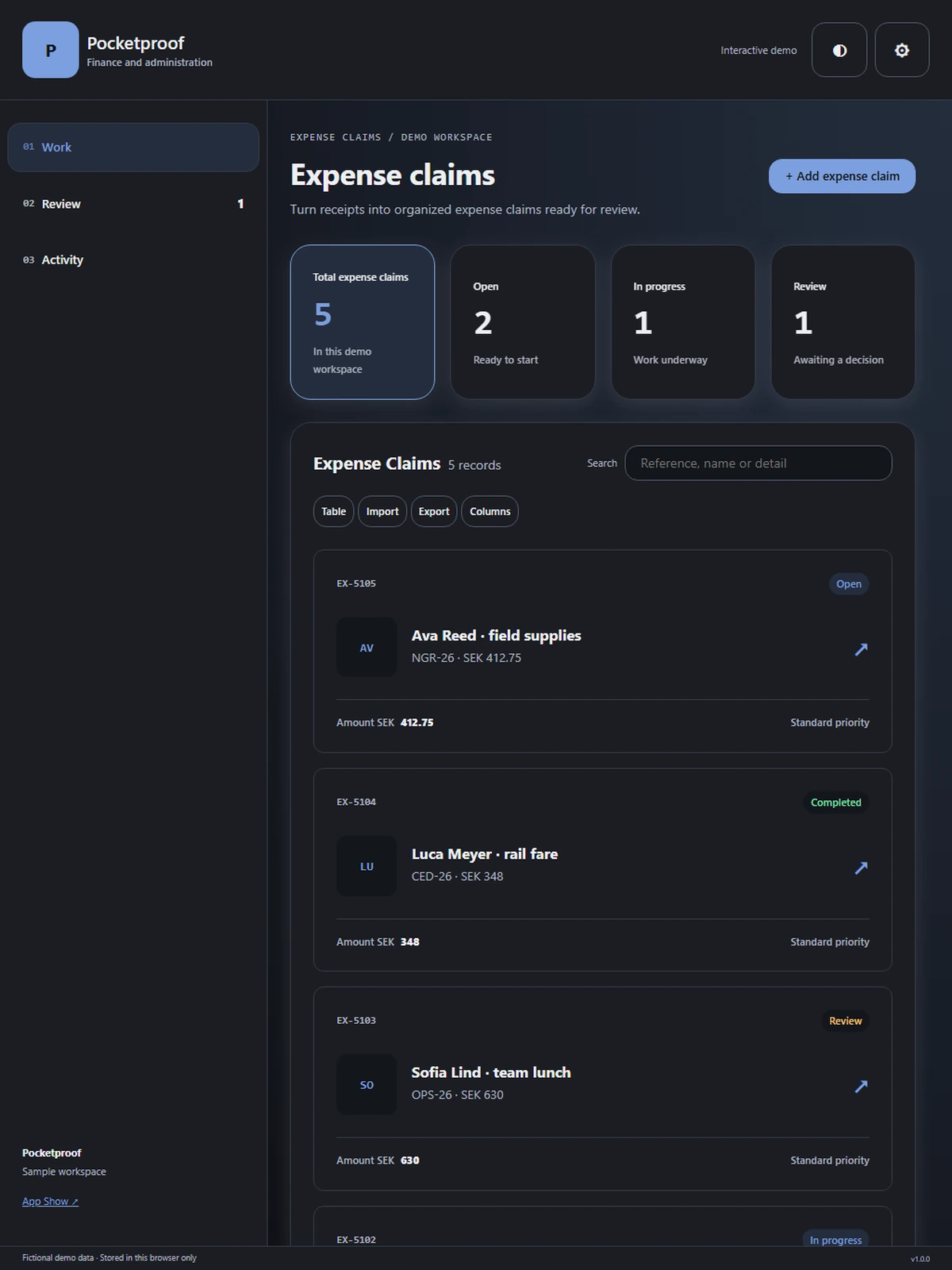 Pocketproof responsive tablet workspace with sample business records.