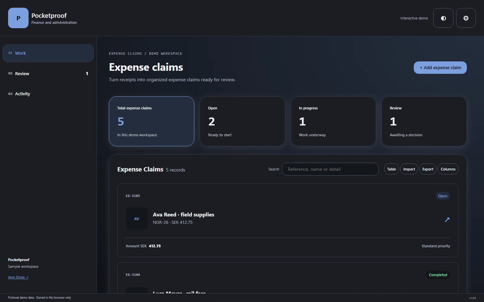 Pocketproof responsive pc workspace with sample business records.