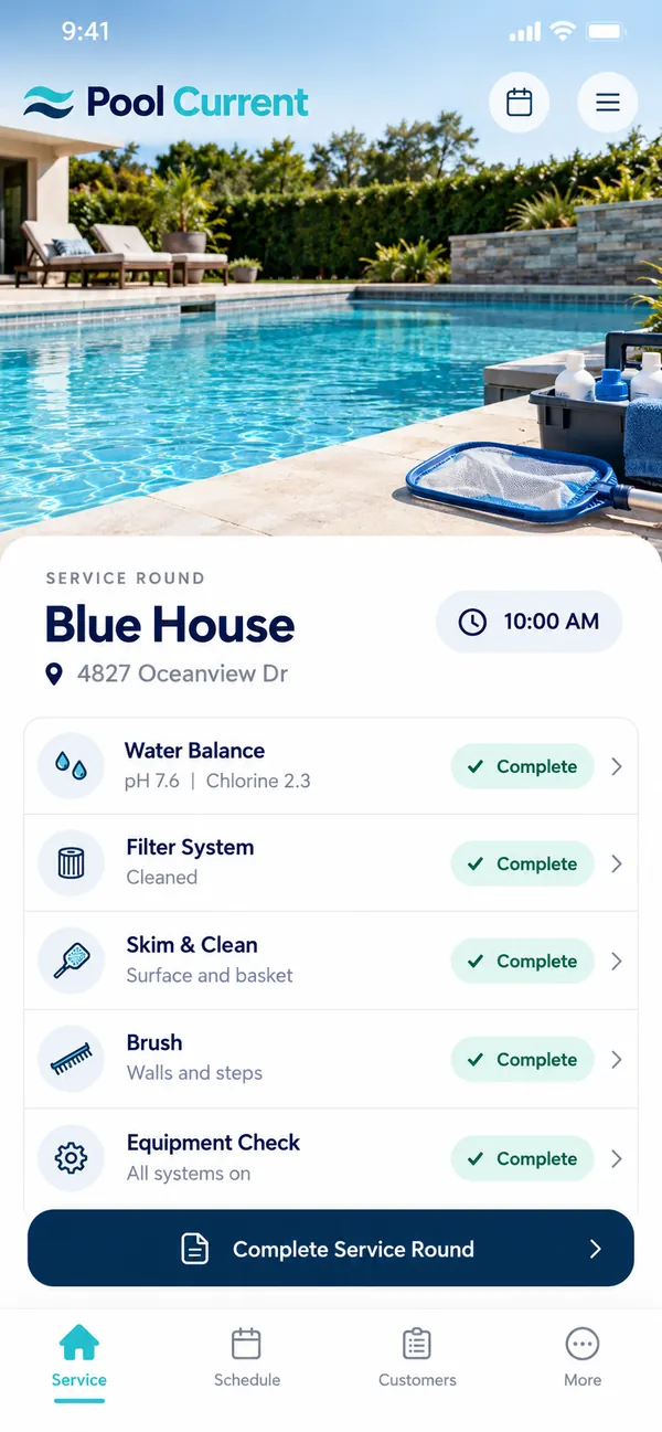 Pool Current pool service app: the day's scheduled pool properties for the pool-service technician to visit