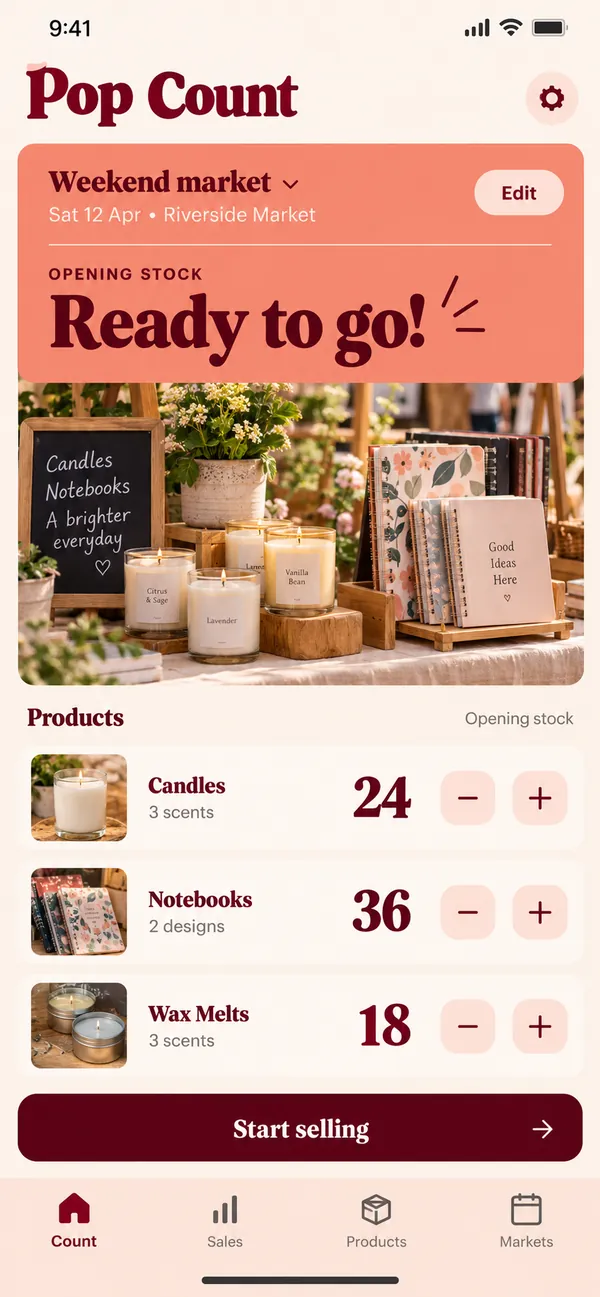 Pop Count pop-up event stock app: weekend market event with opening stock