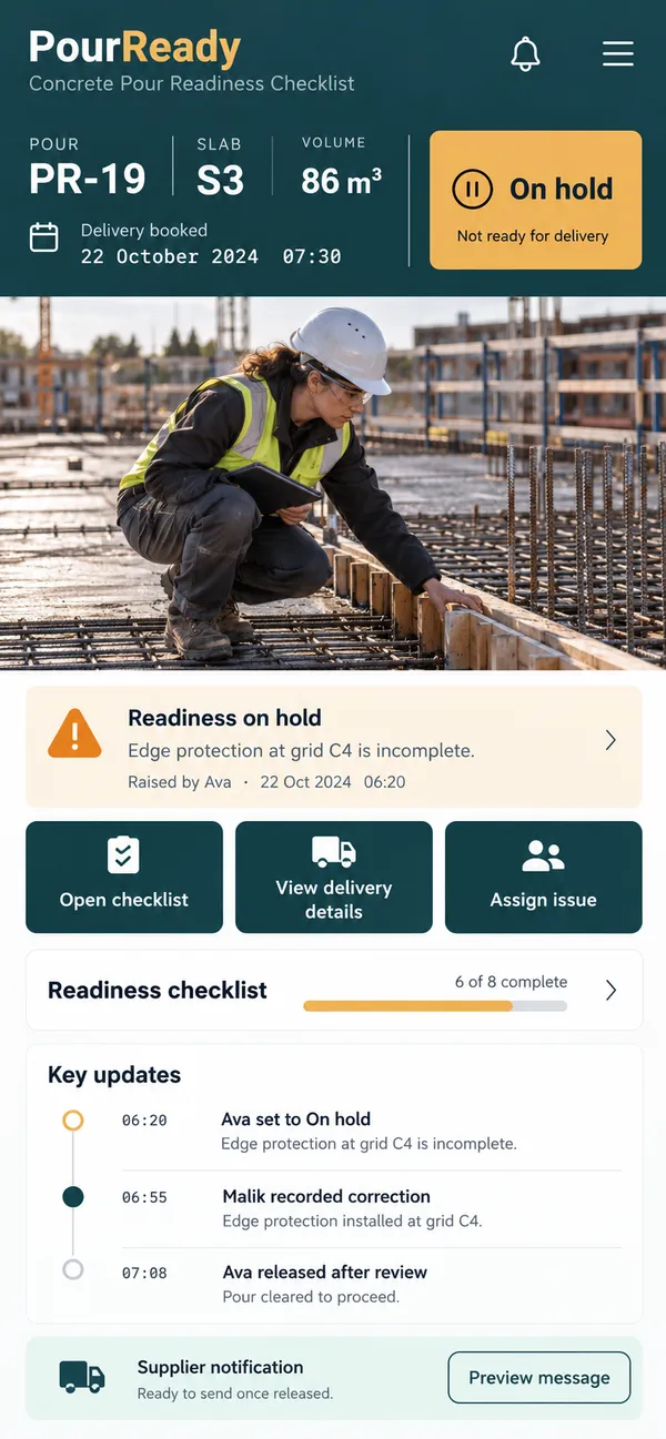 PourReady concrete pour checklist app: the prerequisite holding back the pour shown at the site