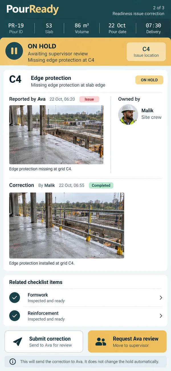 PourReady concrete pour checklist app: correction evidence sent to the responsible reviewer