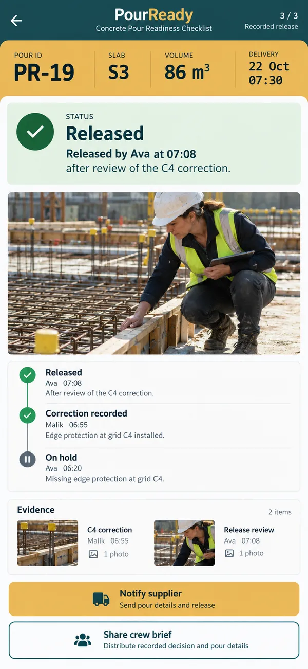 PourReady concrete pour checklist app: supervisor's documented hold or release decision for the pour