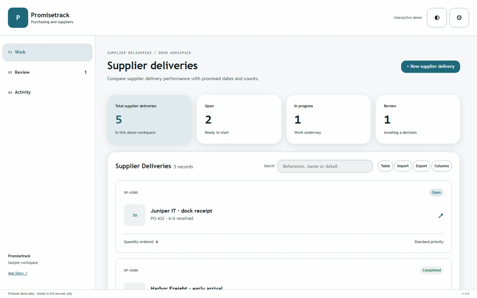 Promisetrack responsive pc workspace with sample business records.