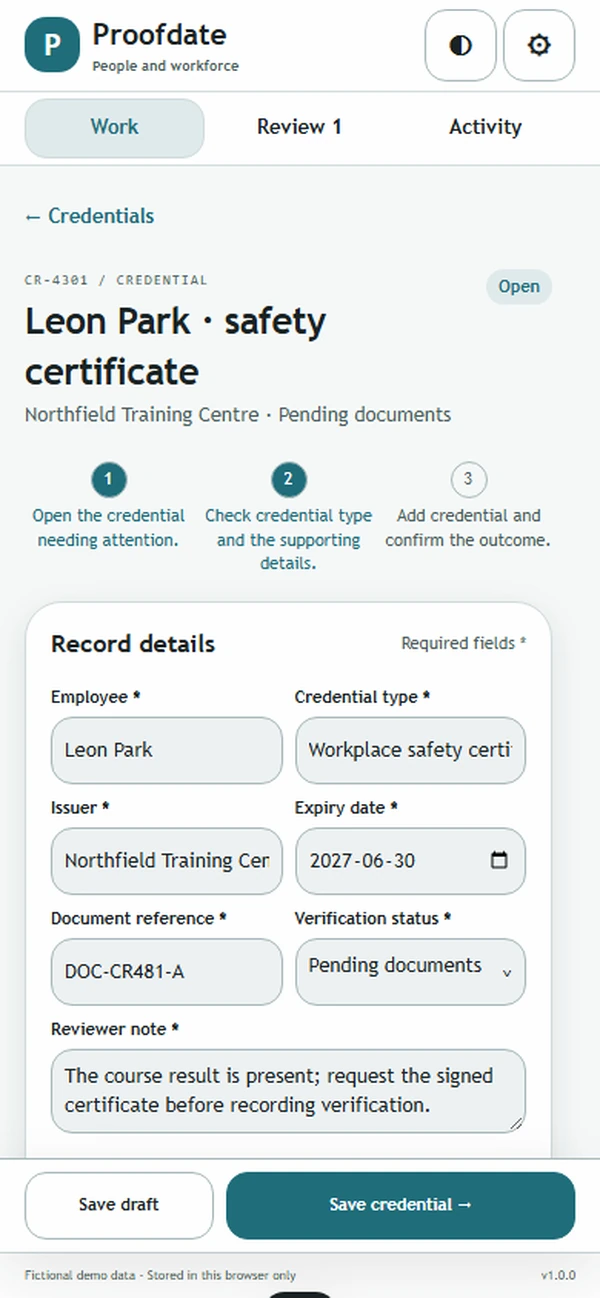 Proofdate: editable business record and action