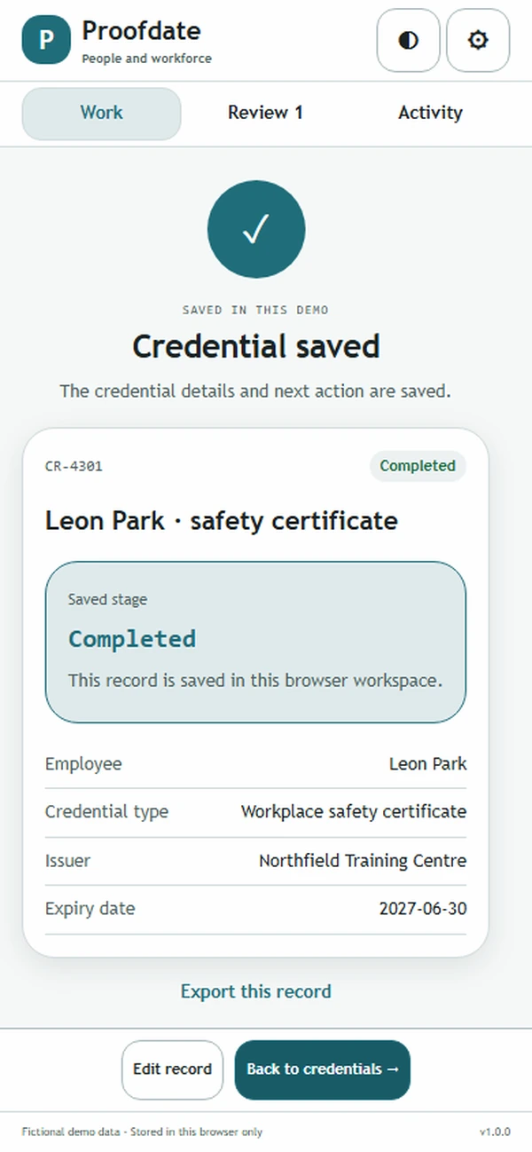 Proofdate: saved result with recorded details
