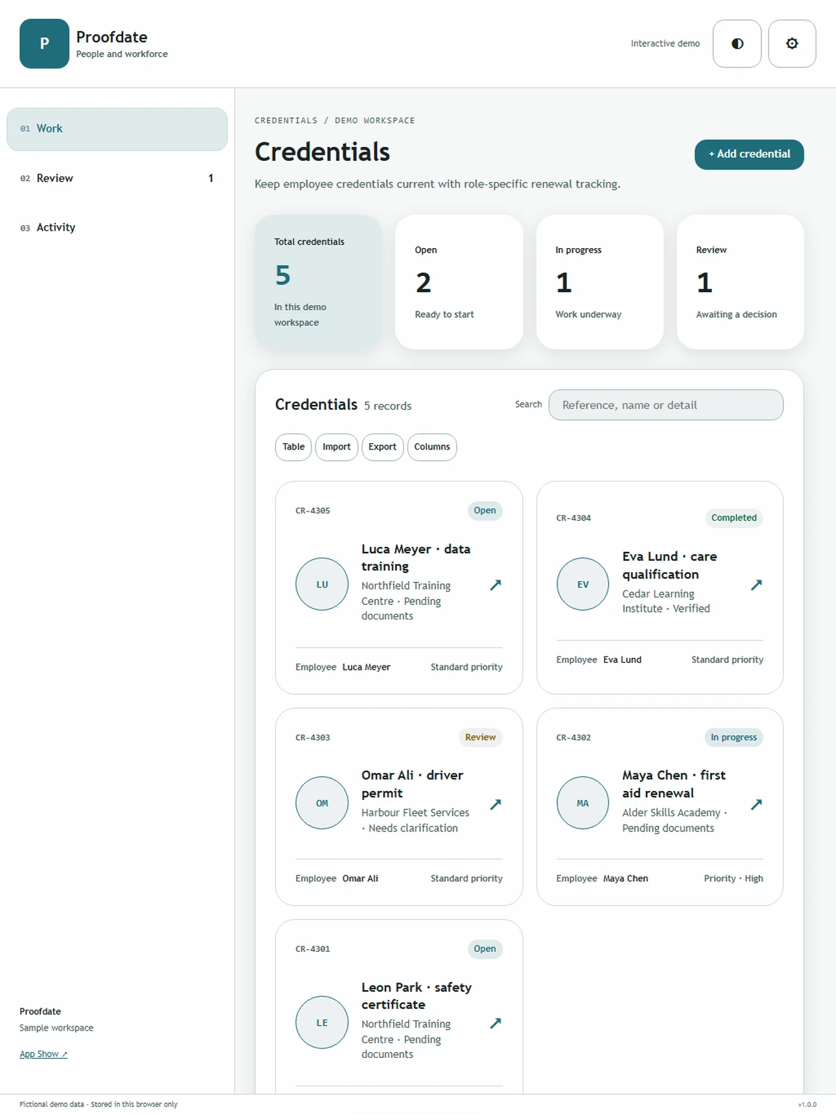 Proofdate responsive tablet workspace with sample business records.