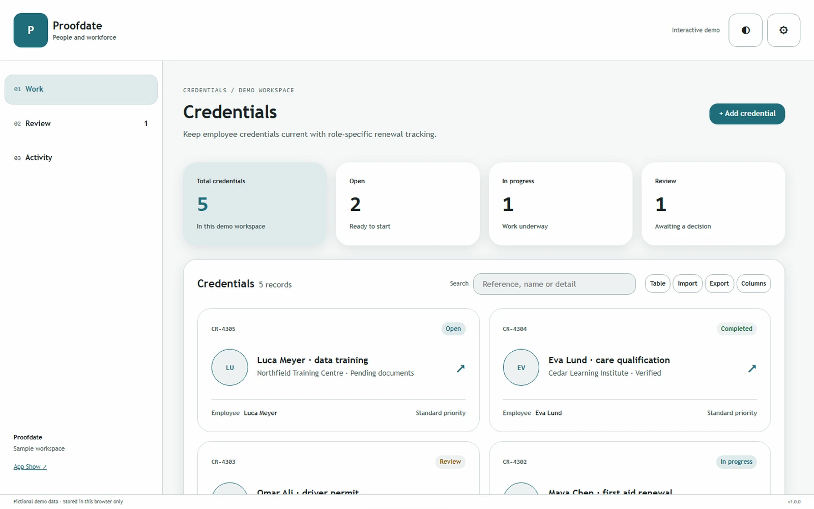 Proofdate responsive pc workspace with sample business records.