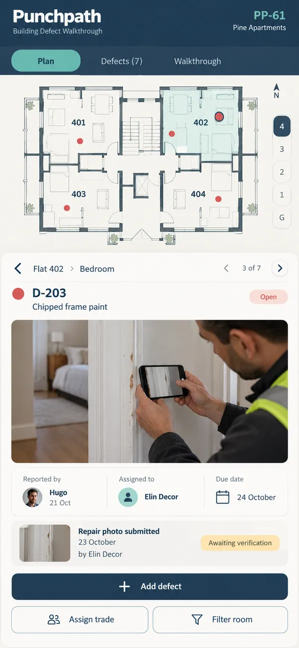 Punchpath snagging app: finishing defects listed room by room across the building