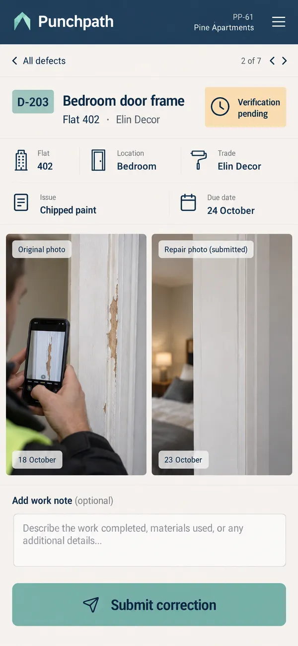 Punchpath snagging app: contractor correction evidence set against the reported defect