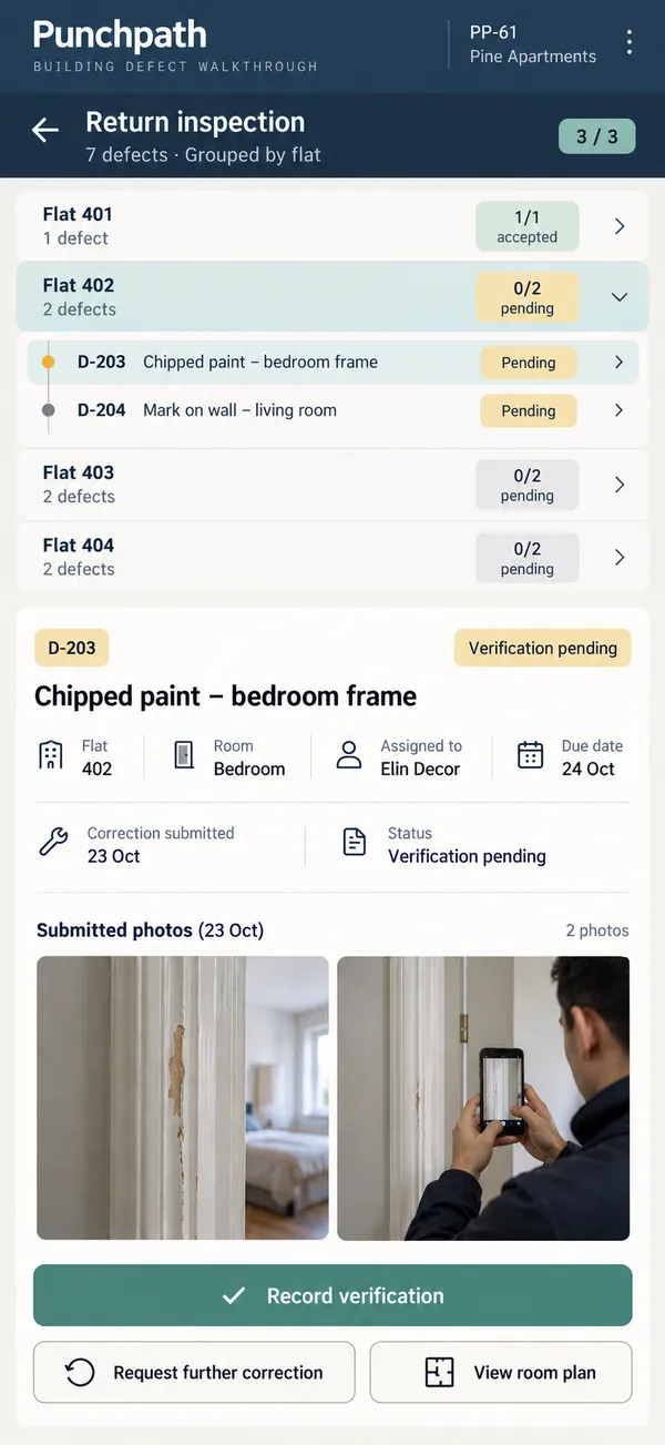 Punchpath snagging app: final check left with the inspector before the defect is closed
