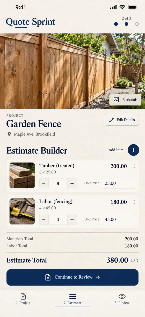 Build an estimate from scope, line items and photos.