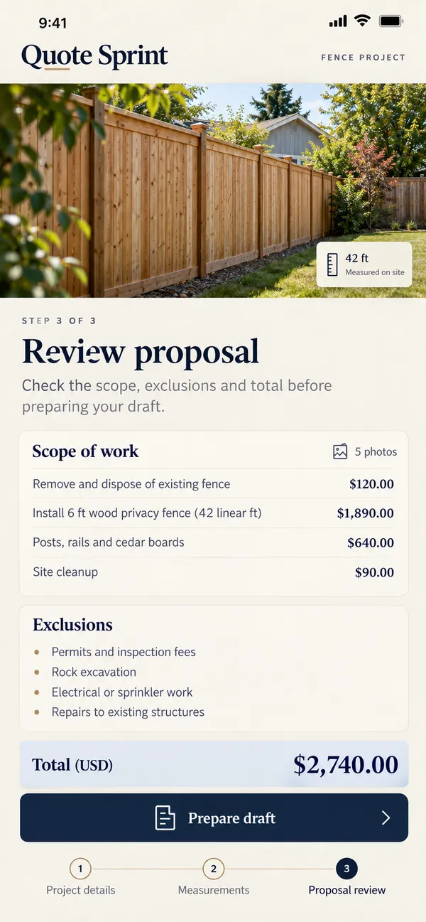 Review scope and totals before sharing the estimate.