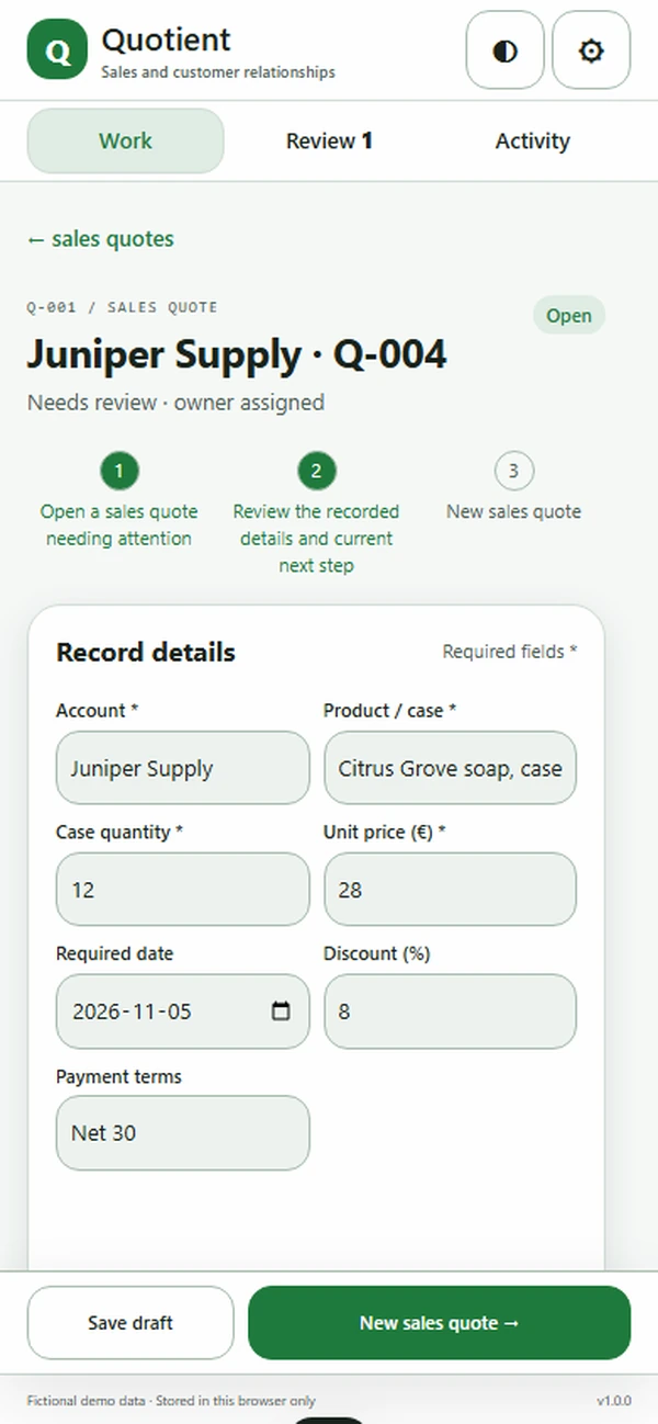 Quotient: editable business record and action