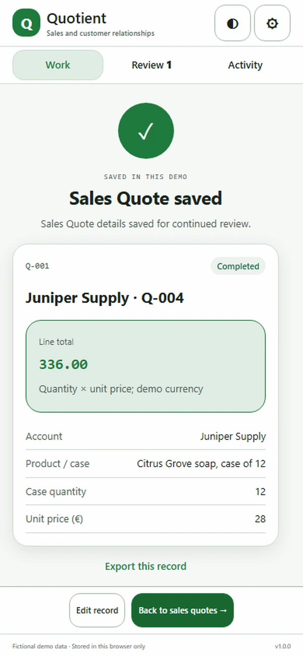 Quotient: saved result with recorded details