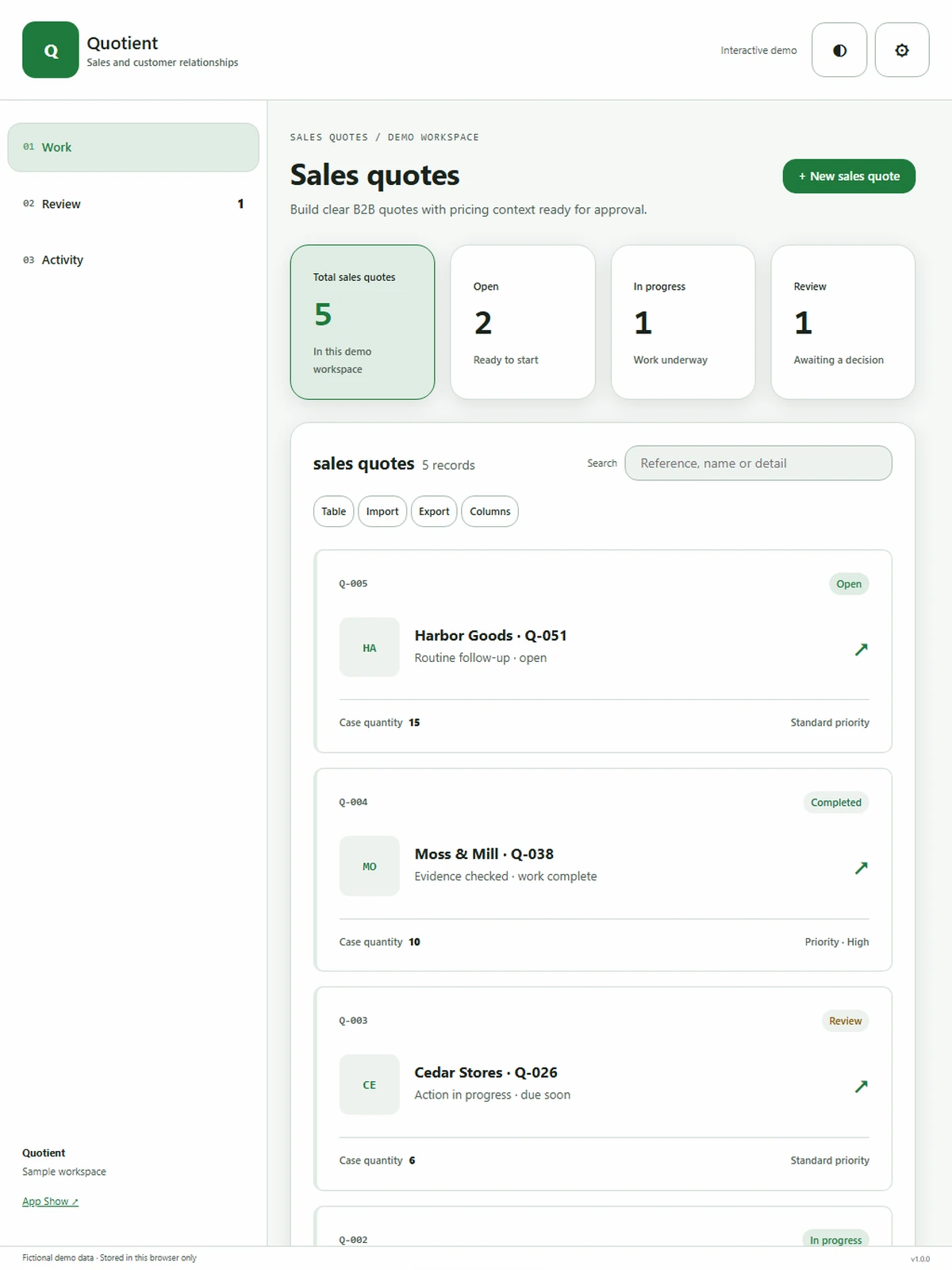 Quotient responsive tablet workspace with sample business records.