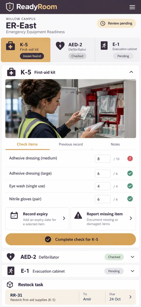 ReadyRoom emergency equipment check app: checks organized by equipment type and building location