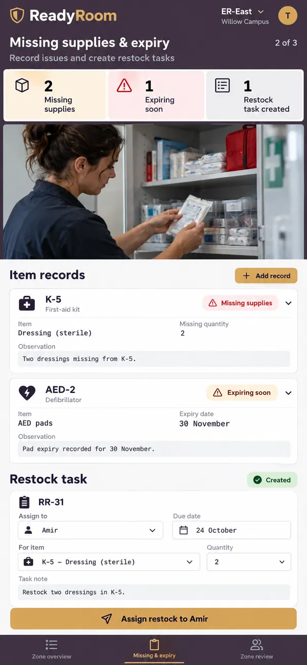 ReadyRoom emergency equipment check app: a replenishment need assigned to a named person
