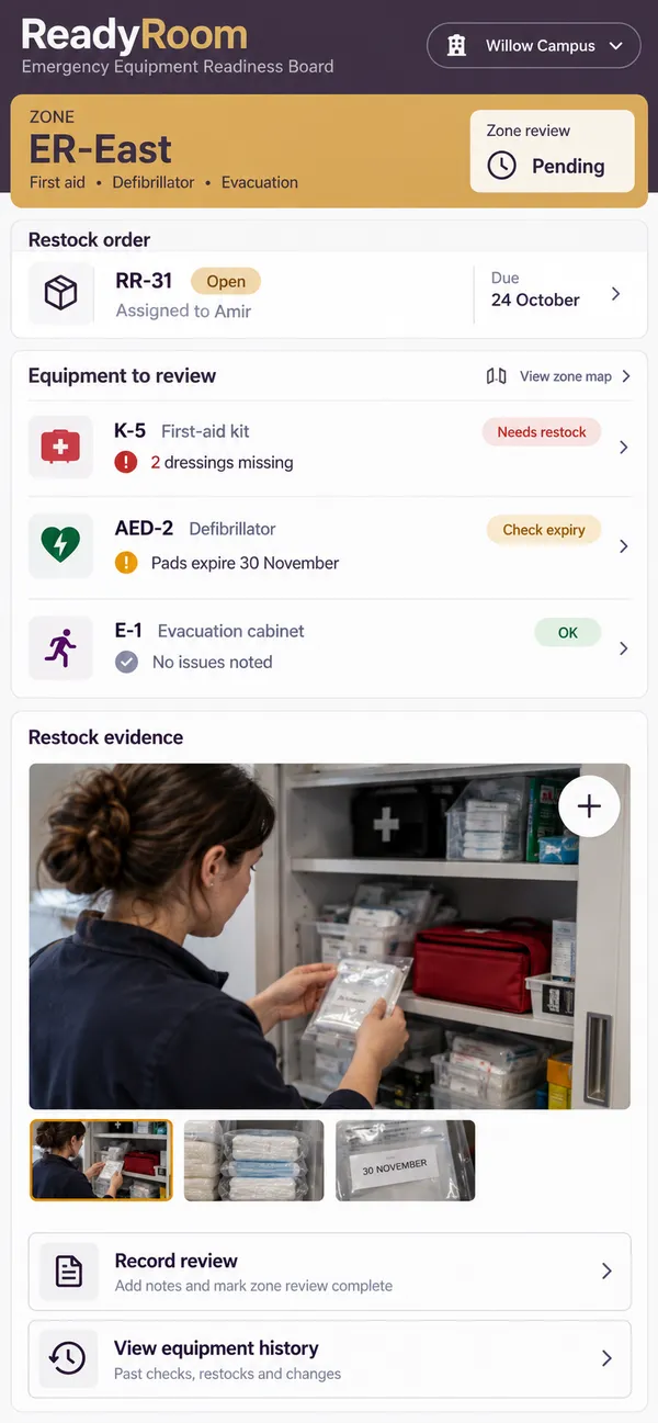ReadyRoom emergency equipment check app: unresolved restock details for the responsible reviewer