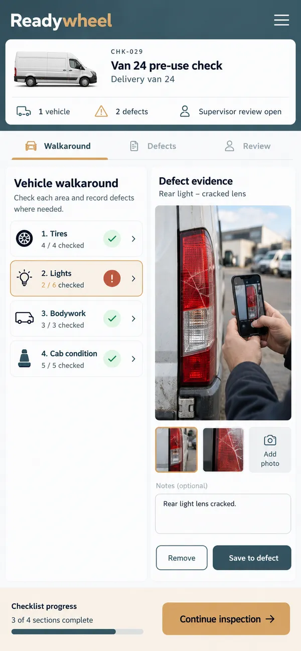 Readywheel vehicle pre-use check app: inspection of the assigned vehicle before departure