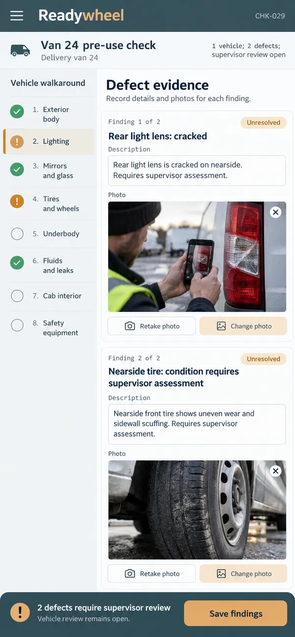 Readywheel vehicle pre-use check app: a defect described with photographs for assessment