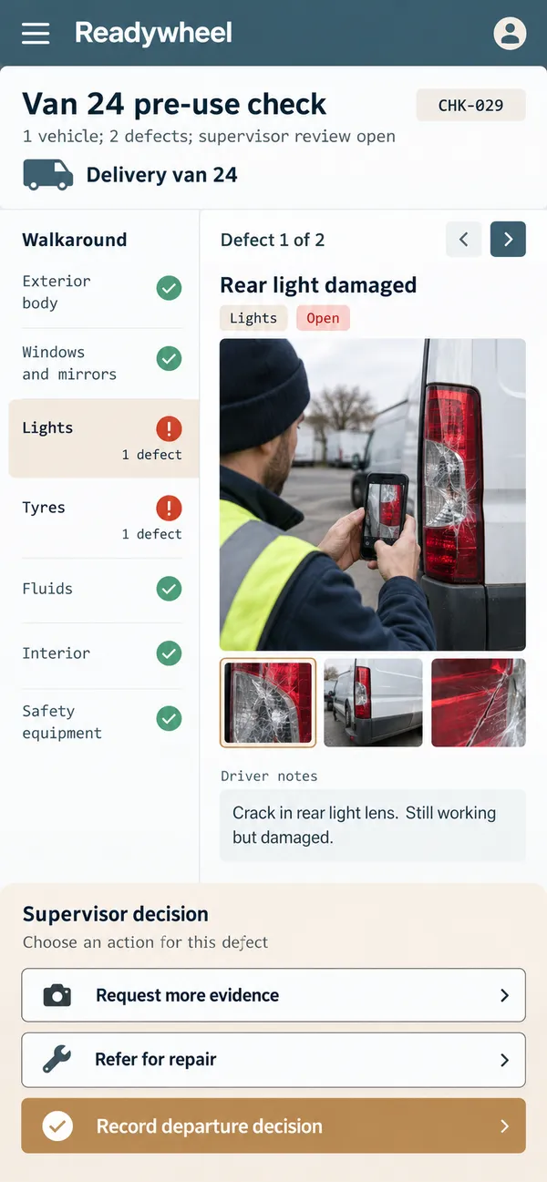 Readywheel vehicle pre-use check app: the fleet supervisor's decision and repair handover