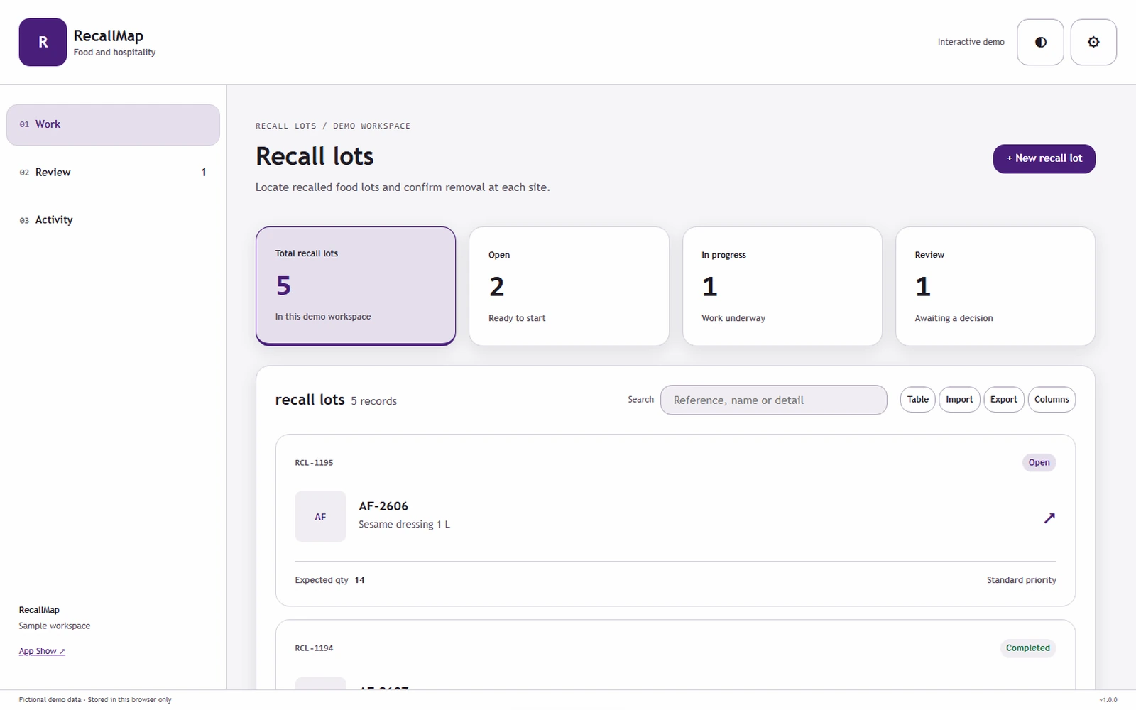 RecallMap responsive pc workspace with sample business records.