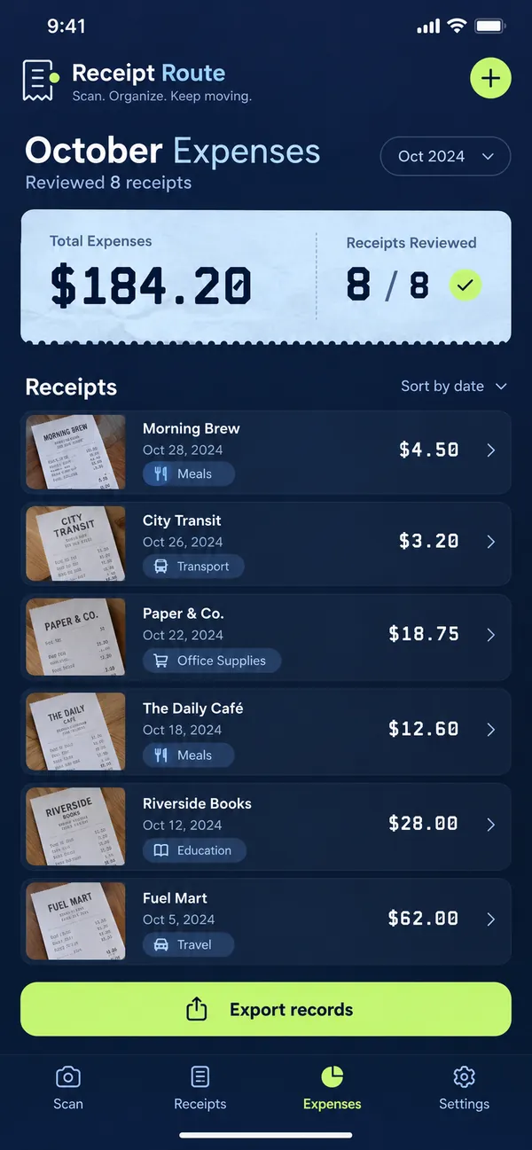 Receipt Route expense receipt app: October expenses listed and ready for review at month end
