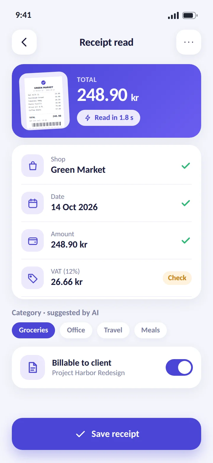 AI reads shop, date, amount and VAT