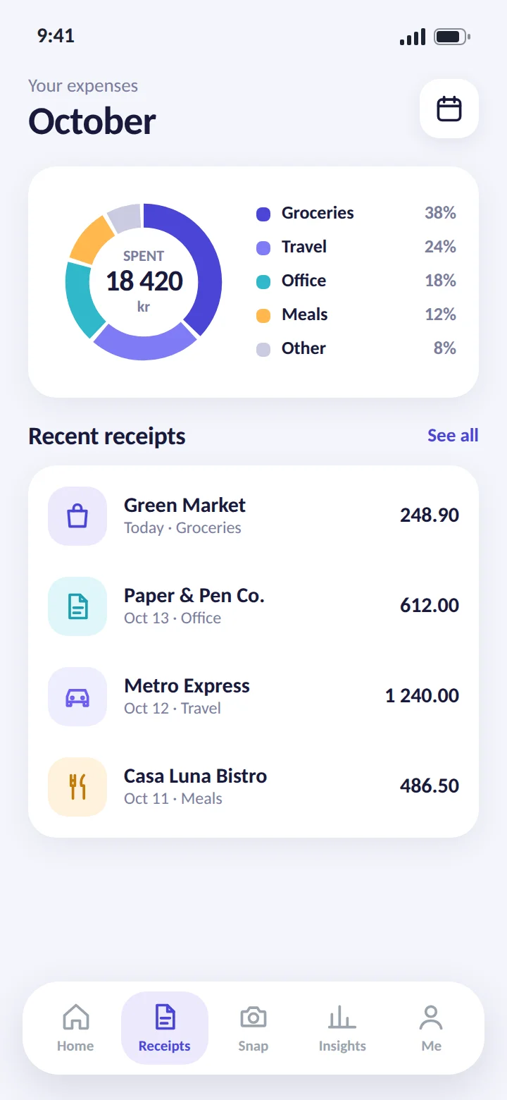 Receipt Snap receipt scanner app: expenses automatically sorted into spending categories