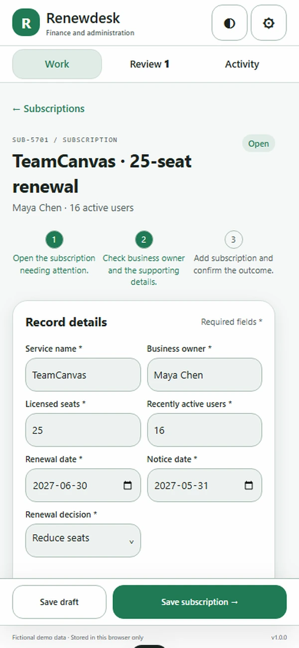 Renewdesk: editable business record and action