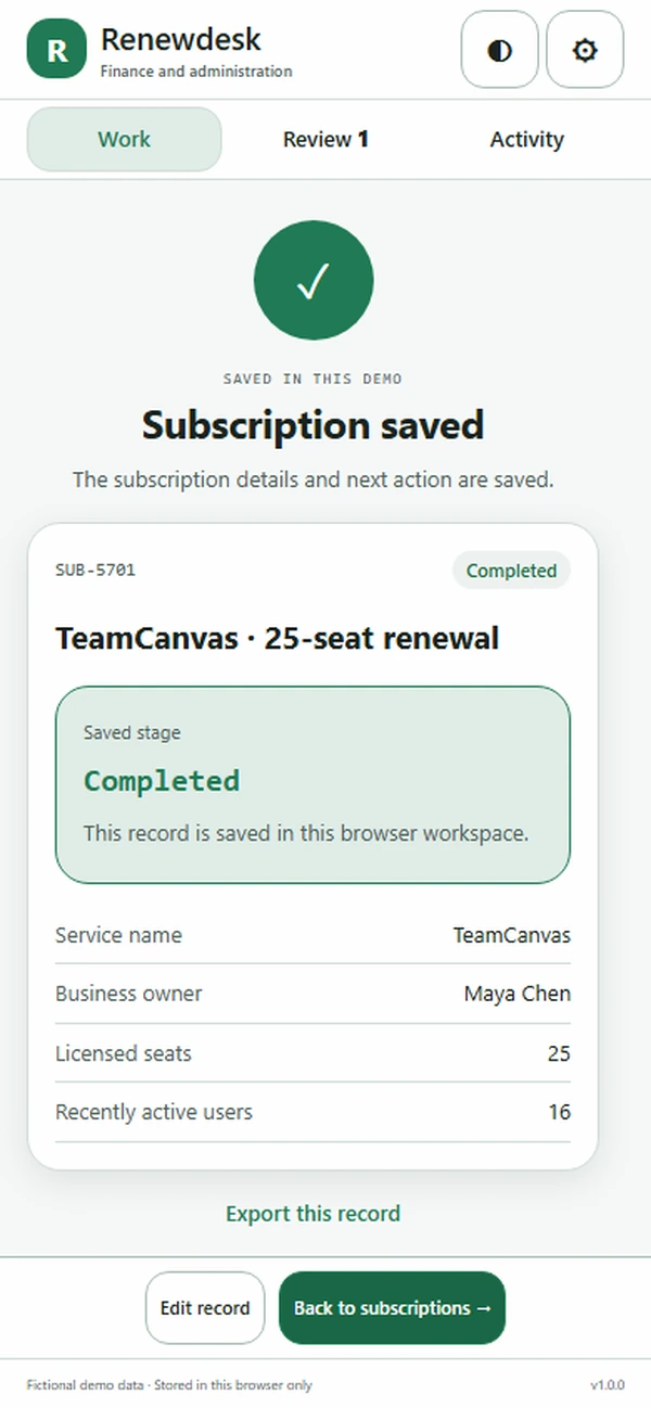 Renewdesk: saved result with recorded details